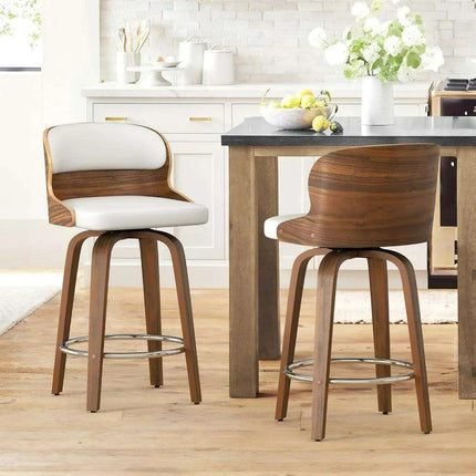 Elegant Mid-Century Walnut Swivel Counter Stools with Faux Leather Seat - 26 Inch Height - Très Elite