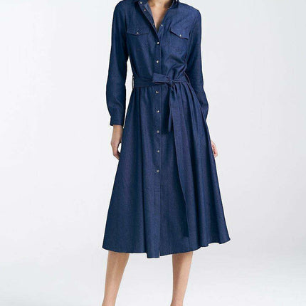 Elegant Midi Day Dress With Silver Accents For Modern Women