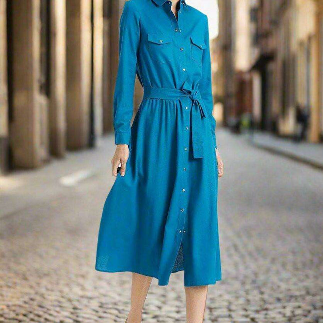 Elegant Midi Day Dress With Silver Accents For Modern Women