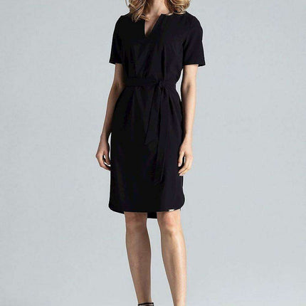 Elegant Midi Dress with Adjustable Waist Tie and Serek Neckline - Très Elite