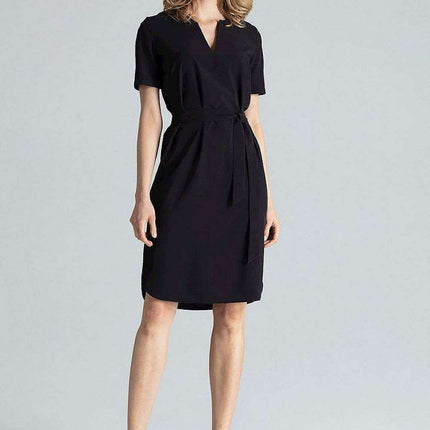 Elegant Midi Dress with Adjustable Waist Tie and Serek Neckline - Très Elite