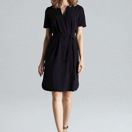 Elegant Midi Dress with Adjustable Waist Tie and Serek Neckline - Très Elite