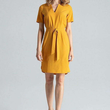 Elegant Midi Dress with Adjustable Waist Tie and Serek Neckline - Très Elite