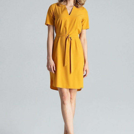 Elegant Midi Dress with Adjustable Waist Tie and Serek Neckline - Très Elite