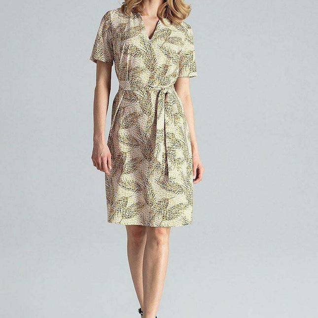 Elegant Midi Dress with Adjustable Waist Tie and Serek Neckline