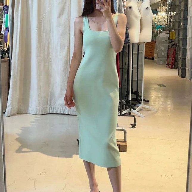 Elegant Midi Dress with Square Neck - Stylish Viscose Stretch