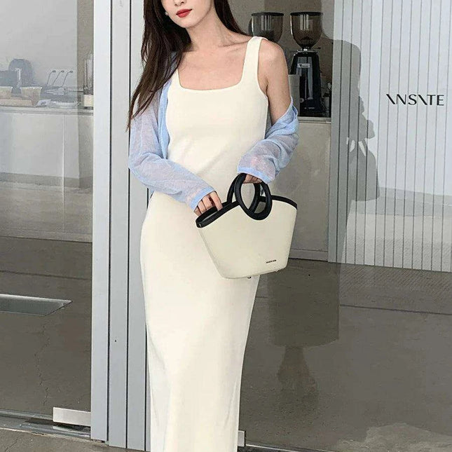 Elegant Midi Dress with Square Neck - Stylish Viscose Stretch