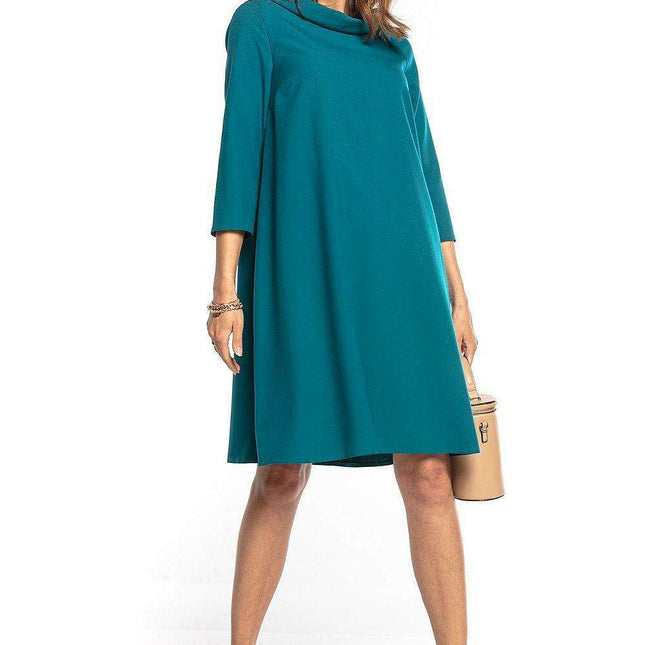 Elegant Midi Trapeze Dress with Folded Collar and 3/4 Sleeves