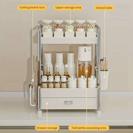 Elegant Milk White Stainless Steel Spice Organizer with Drawers, Chopping Board, and Utensil Holder for Home and Commercial Kitchens- Très Elite- Très Elite