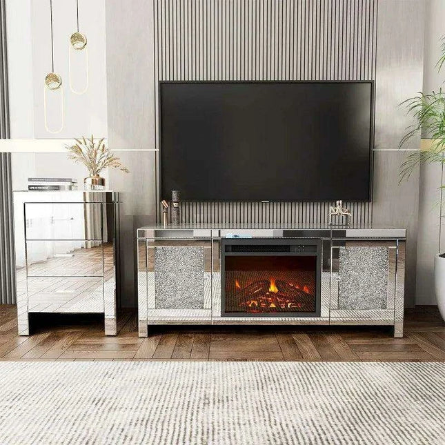 Elegant Mirrored Entertainment Center with Electric Fireplace & Generous Storage for TVs up to 55" - Très Elite
