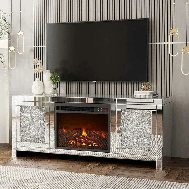 Elegant Mirrored Entertainment Center with Electric Fireplace & Generous Storage for TVs up to 55" - Très Elite