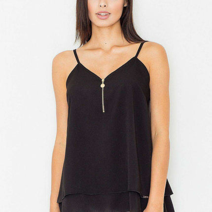 Elegant Monochrome Sleeveless Blouse with Luxe Gold Zip Detail