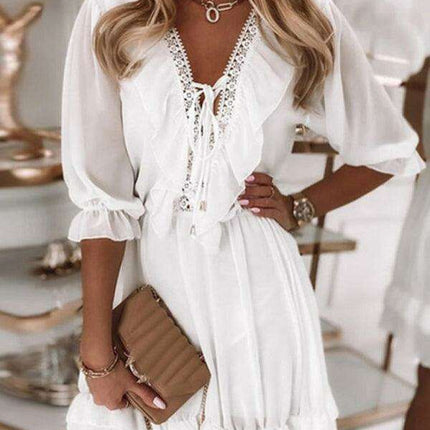 Elegant Mosaic Pattern V Neck Chiffon Dress for Effortless Style