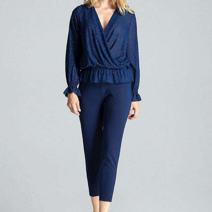 Elegant Navy Blue Brocade Blouse with Envelope Neckline and Elastic Waist - Très Elite