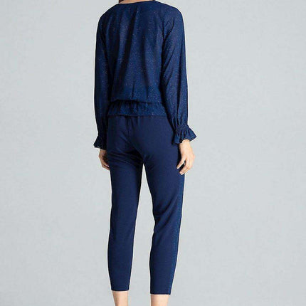 Elegant Navy Blue Brocade Blouse with Envelope Neckline and Elastic Waist - Très Elite