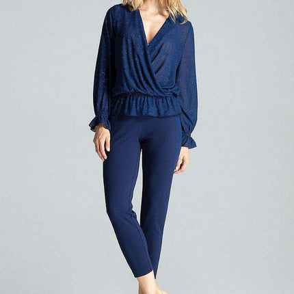 Elegant Navy Blue Brocade Blouse with Envelope Neckline and Elastic Waist - Très Elite