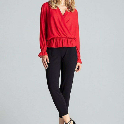 Elegant Navy Blue Brocade Blouse with Envelope Neckline and Elastic Waist - Très Elite