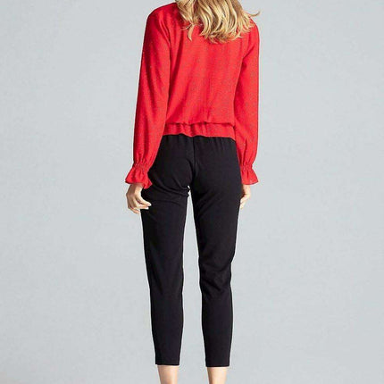 Elegant Navy Blue Brocade Blouse with Envelope Neckline and Elastic Waist - Très Elite