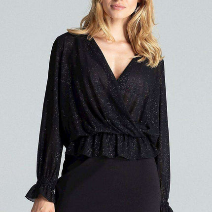 Elegant Navy Blue Brocade Blouse with Envelope Neckline and Elastic Waist - Très Elite