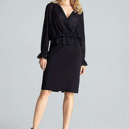 Elegant Navy Blue Brocade Blouse with Envelope Neckline and Elastic Waist - Très Elite