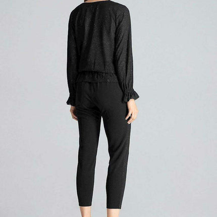 Elegant Navy Blue Brocade Blouse with Envelope Neckline and Elastic Waist - Très Elite