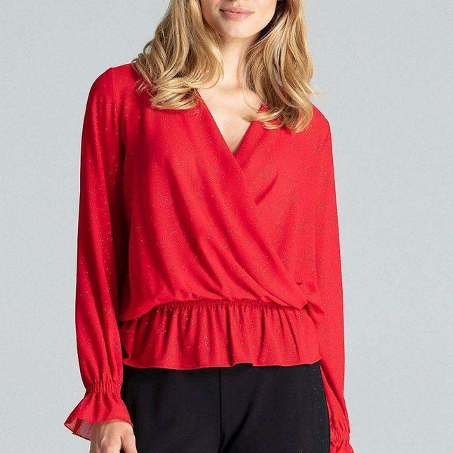 Elegant Navy Blue Brocade Blouse with Envelope Neckline and Elastic Waist