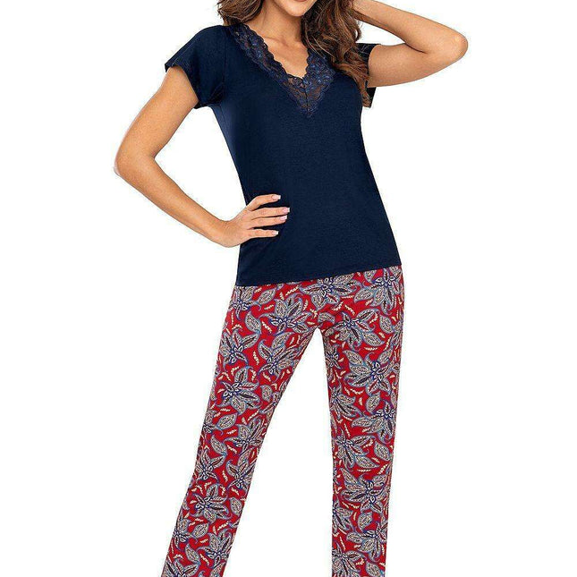 Elegant Navy Blue Floral Lace Pajama Set