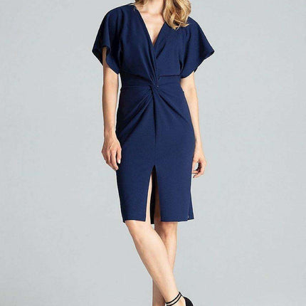 Elegant Navy Blue Midi Dress with Kimono Sleeves and Alluring Envelope Neckline - Très Elite