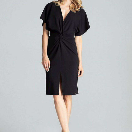 Elegant Navy Blue Midi Dress with Kimono Sleeves and Alluring Envelope Neckline - Très Elite
