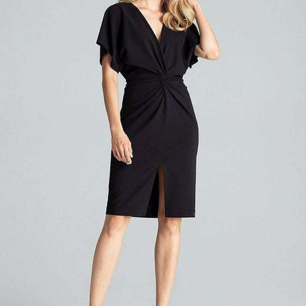 Elegant Navy Blue Midi Dress with Kimono Sleeves and Alluring Envelope Neckline - Très Elite