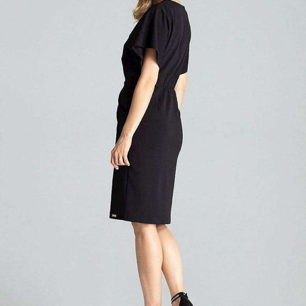 Elegant Navy Blue Midi Dress with Kimono Sleeves and Alluring Envelope Neckline - Très Elite