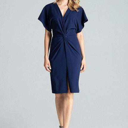 Elegant Navy Blue Midi Dress with Kimono Sleeves and Alluring Envelope Neckline - Très Elite