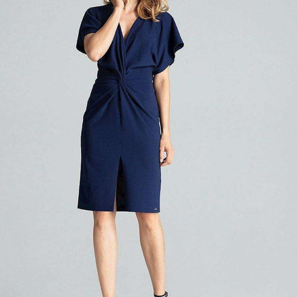 Elegant Navy Blue Midi Dress with Kimono Sleeves and Alluring Envelope Neckline - Très Elite