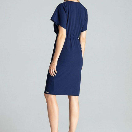 Elegant Navy Blue Midi Dress with Kimono Sleeves and Alluring Envelope Neckline - Très Elite