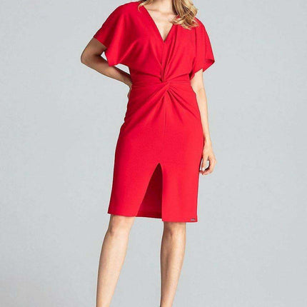 Elegant Navy Blue Midi Dress with Kimono Sleeves and Alluring Envelope Neckline - Très Elite