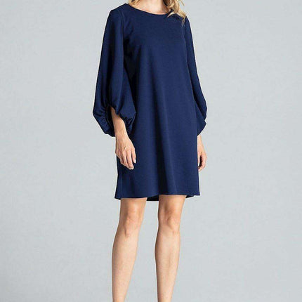 Elegant Navy Blue Midi Dress with Stylish Buffet Sleeves for Effortless Chic - Très Elite