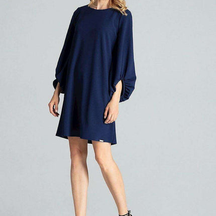 Elegant Navy Blue Midi Dress with Stylish Buffet Sleeves for Effortless Chic - Très Elite