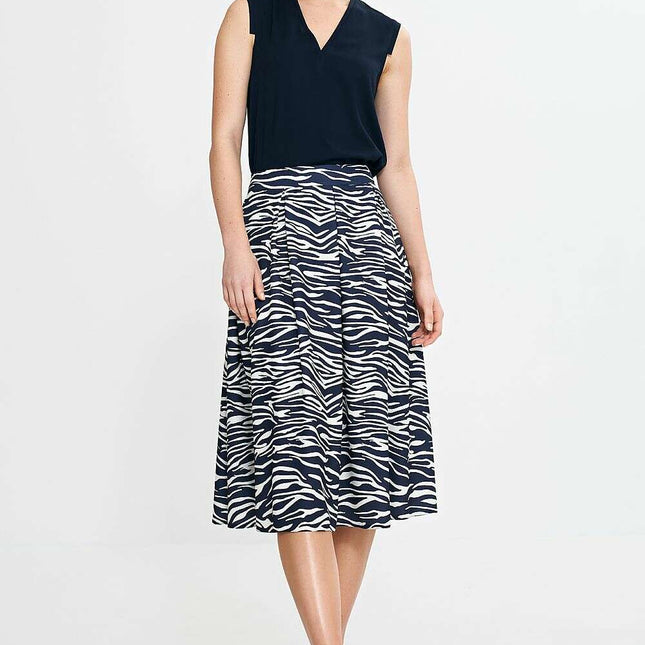 Elegant Navy Blue Midi Skirt With Pleated Waistband Pockets