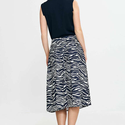 Elegant Navy Blue Midi Skirt With Pleated Waistband Pockets - Très Elite