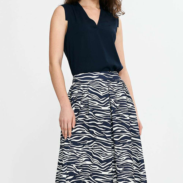 Elegant Navy Blue Midi Skirt With Pleated Waistband Pockets