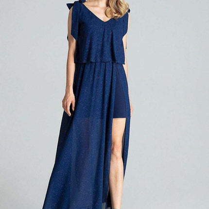 Elegant Navy Blue Sleeveless Cocktail Dress with Feminine Shoulder Ties - Très Elite