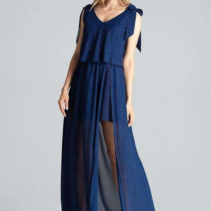 Elegant Navy Blue Sleeveless Cocktail Dress with Feminine Shoulder Ties - Très Elite