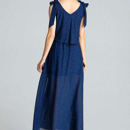 Elegant Navy Blue Sleeveless Cocktail Dress with Feminine Shoulder Ties - Très Elite