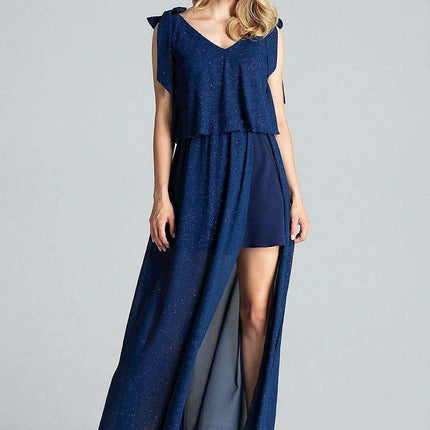 Elegant Navy Blue Sleeveless Cocktail Dress with Feminine Shoulder Ties - Très Elite
