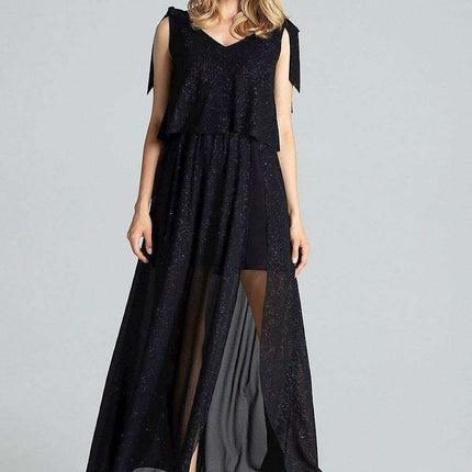 Elegant Navy Blue Sleeveless Cocktail Dress with Feminine Shoulder Ties - Très Elite