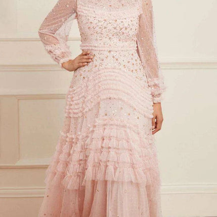 Elegant O-neck Layered Sequin High-Waist Dress for Women - Très Elite