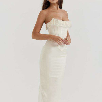 Elegant Off-Shoulder Dress with Pearl Detail - Women's Chic Skirt - Très Elite