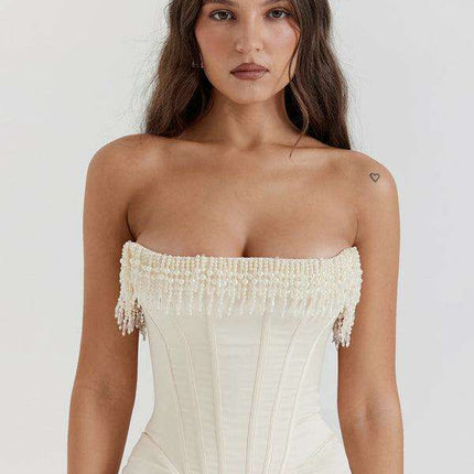 Elegant Off-Shoulder Dress with Pearl Detail - Women's Chic Skirt - Très Elite