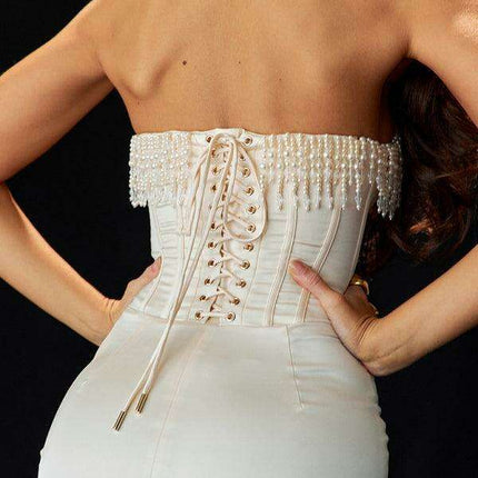 Elegant Off-Shoulder Dress with Pearl Detail - Women's Chic Skirt - Très Elite