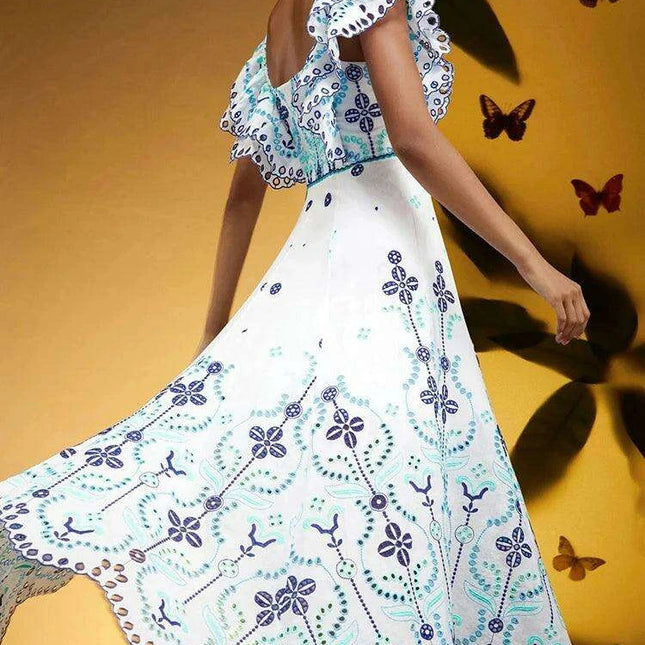 Elegant Off-Shoulder Embroidered Midi Dress for Women - Backless, High Waist, Flirty Ruffle Design